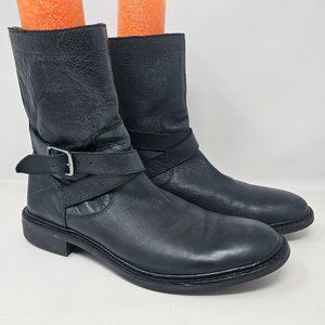 Cole Haan 10.5 Black Leather 'Marshall' Mid Calf Biker Boots Zip Rubber Strap